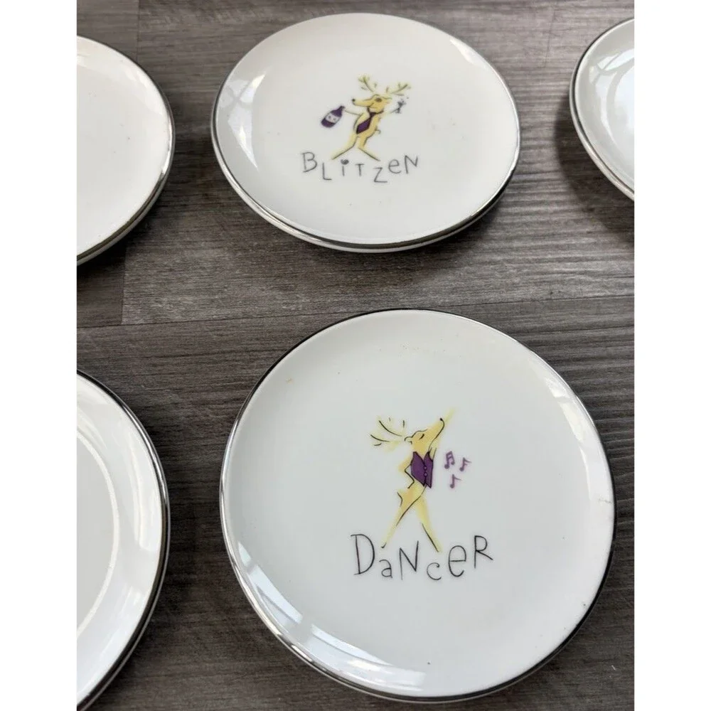Pottery Barn Reindeer Coaster Plates Set of 6 Silver Rim Christmas Holiday 4”